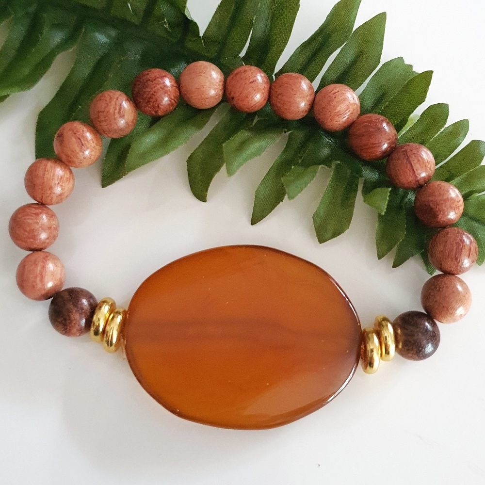 Amber Agate & Polished Wood Beads Stretch Bracelet